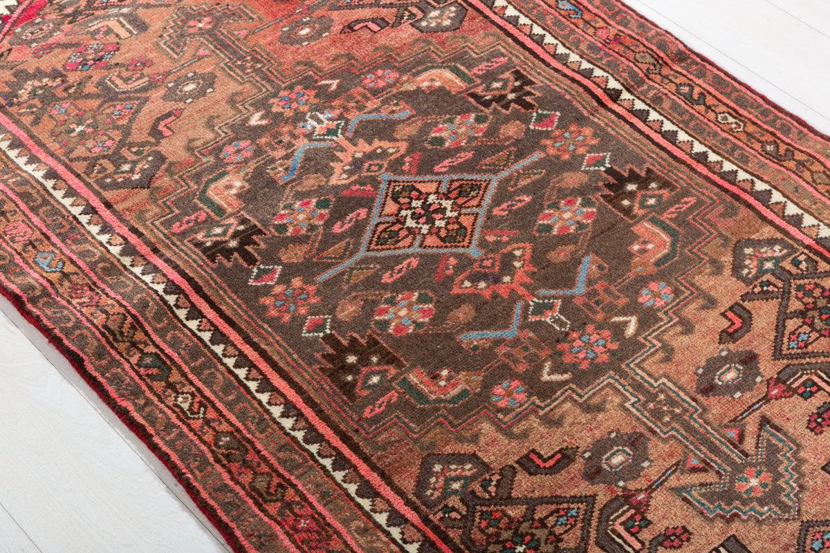 Semi-Antique Faded Rust Red Allover Botanical Geometric Hand-Knotted Area Rug – 6' 8" x 3' 3" (202 x 98 cm)