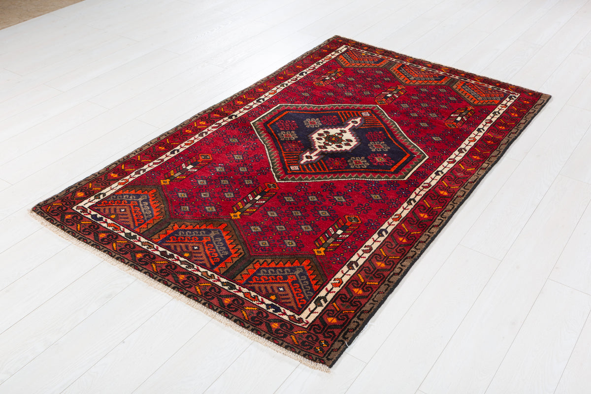 Vintage Red, Navy Blue Medallion Geometric Hand-Knotted Area Rug – 6' 4" x 3' 10" (194 x 118 cm)
