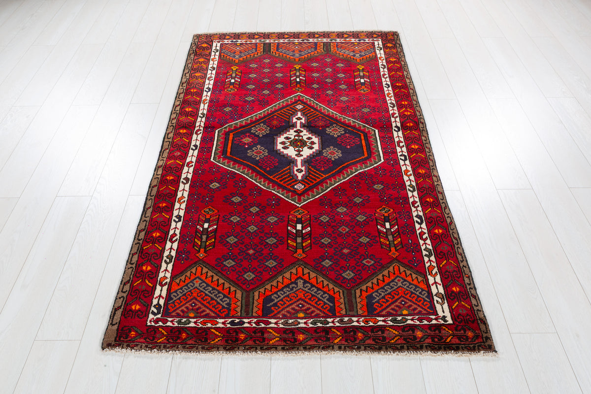 Vintage Red, Navy Blue Medallion Geometric Hand-Knotted Area Rug – 6' 4" x 3' 10" (194 x 118 cm)