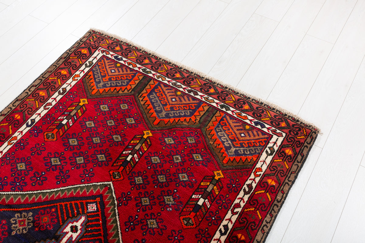 Vintage Red, Navy Blue Medallion Geometric Hand-Knotted Area Rug – 6' 4" x 3' 10" (194 x 118 cm)