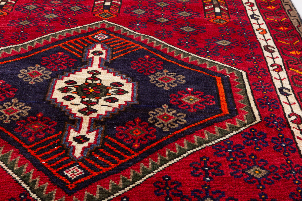 Vintage Red, Navy Blue Medallion Geometric Hand-Knotted Area Rug – 6' 4" x 3' 10" (194 x 118 cm)