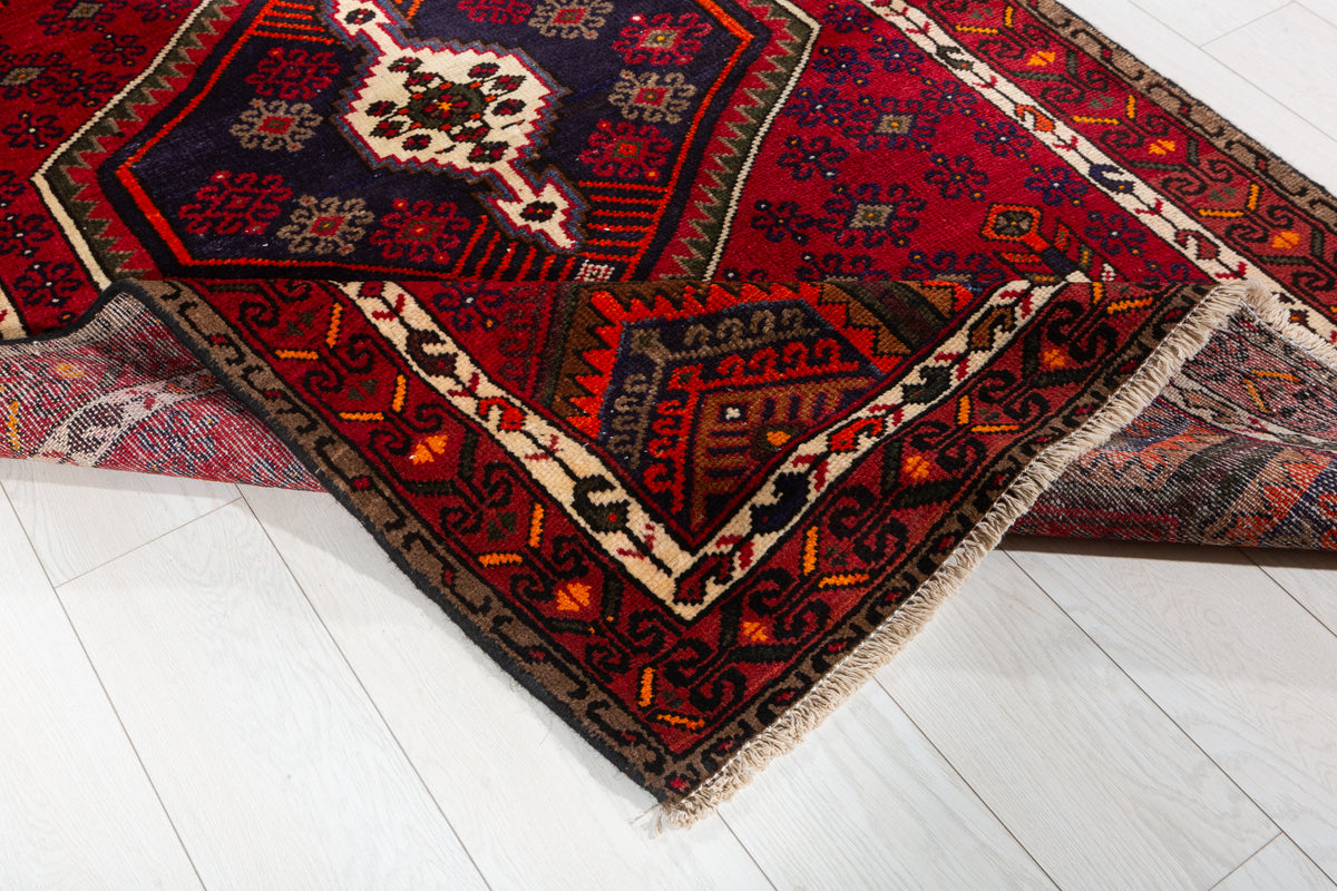 Vintage Red, Navy Blue Medallion Geometric Hand-Knotted Area Rug – 6' 4" x 3' 10" (194 x 118 cm)