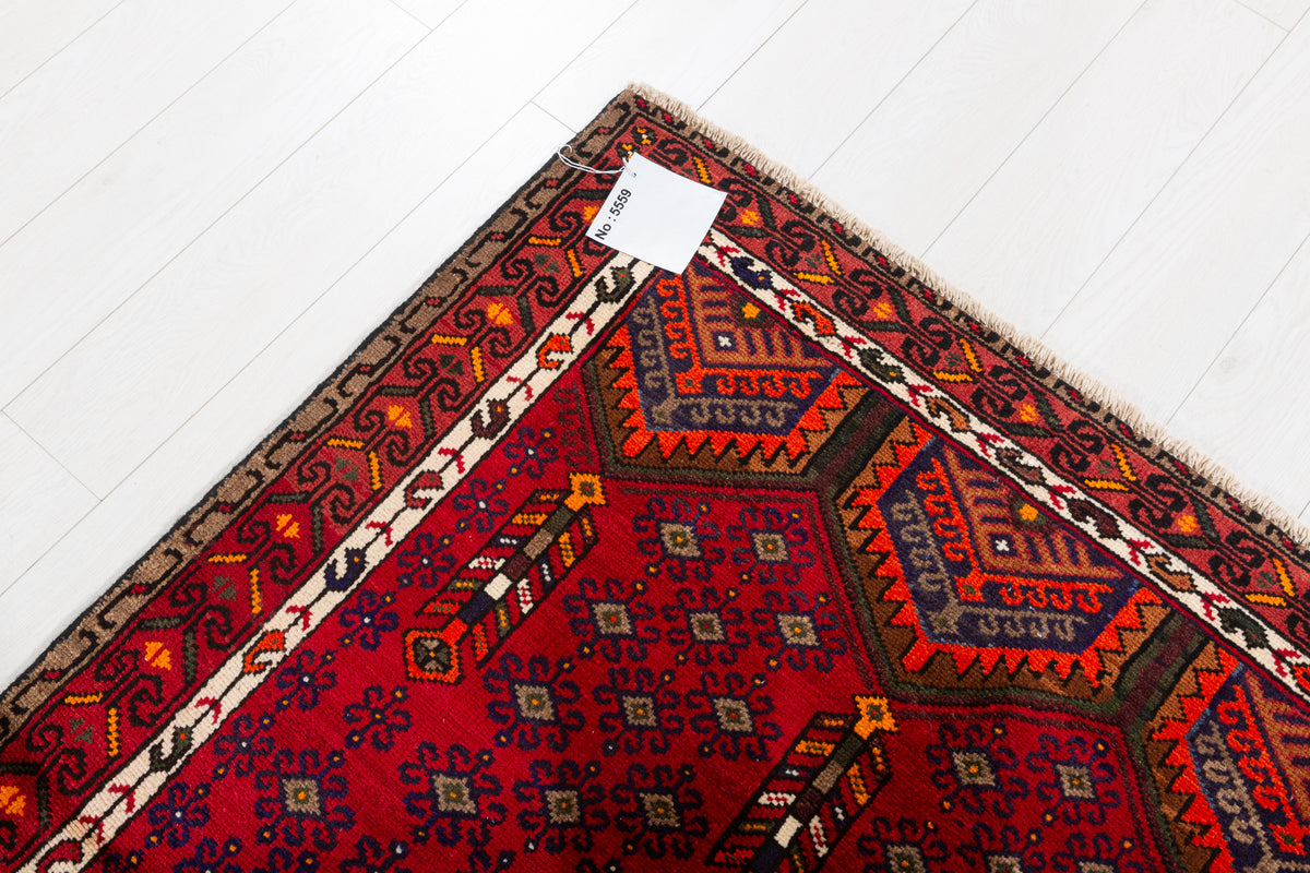 Vintage Red, Navy Blue Medallion Geometric Hand-Knotted Area Rug – 6' 4" x 3' 10" (194 x 118 cm)