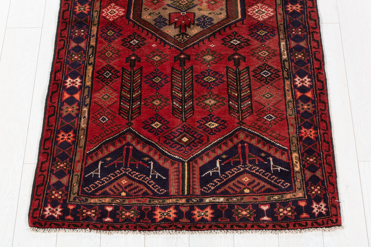 Vintage Red, Brown, Navy Blue Hexagonal Medallion Hand-Knotted Area Rug – 6' 3" x 3' 5" (191 x 103 cm)