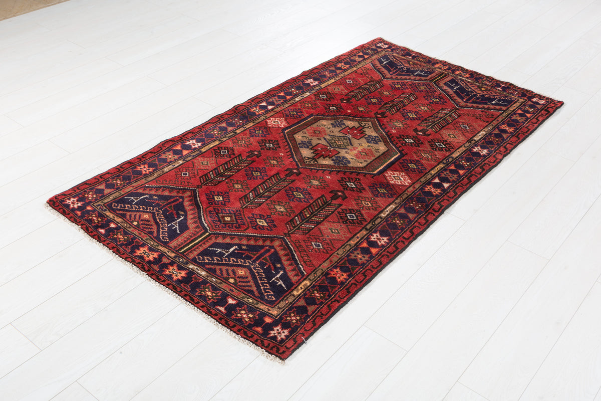 Vintage Red, Brown, Navy Blue Hexagonal Medallion Hand-Knotted Area Rug – 6' 3" x 3' 5" (191 x 103 cm)