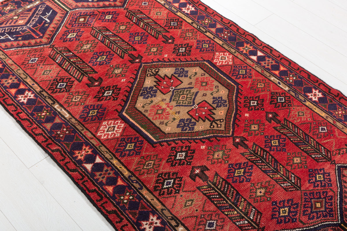 Vintage Red, Brown, Navy Blue Hexagonal Medallion Hand-Knotted Area Rug – 6' 3" x 3' 5" (191 x 103 cm)