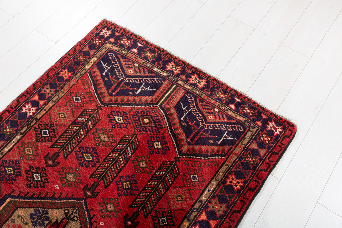 Vintage Red, Brown, Navy Blue Hexagonal Medallion Hand-Knotted Area Rug – 6' 3" x 3' 5" (191 x 103 cm)
