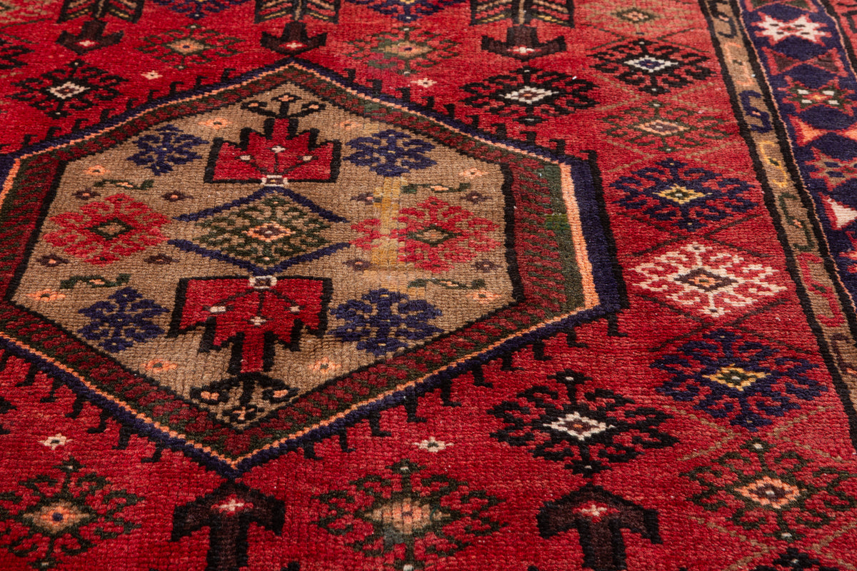 Vintage Red, Brown, Navy Blue Hexagonal Medallion Hand-Knotted Area Rug – 6' 3" x 3' 5" (191 x 103 cm)