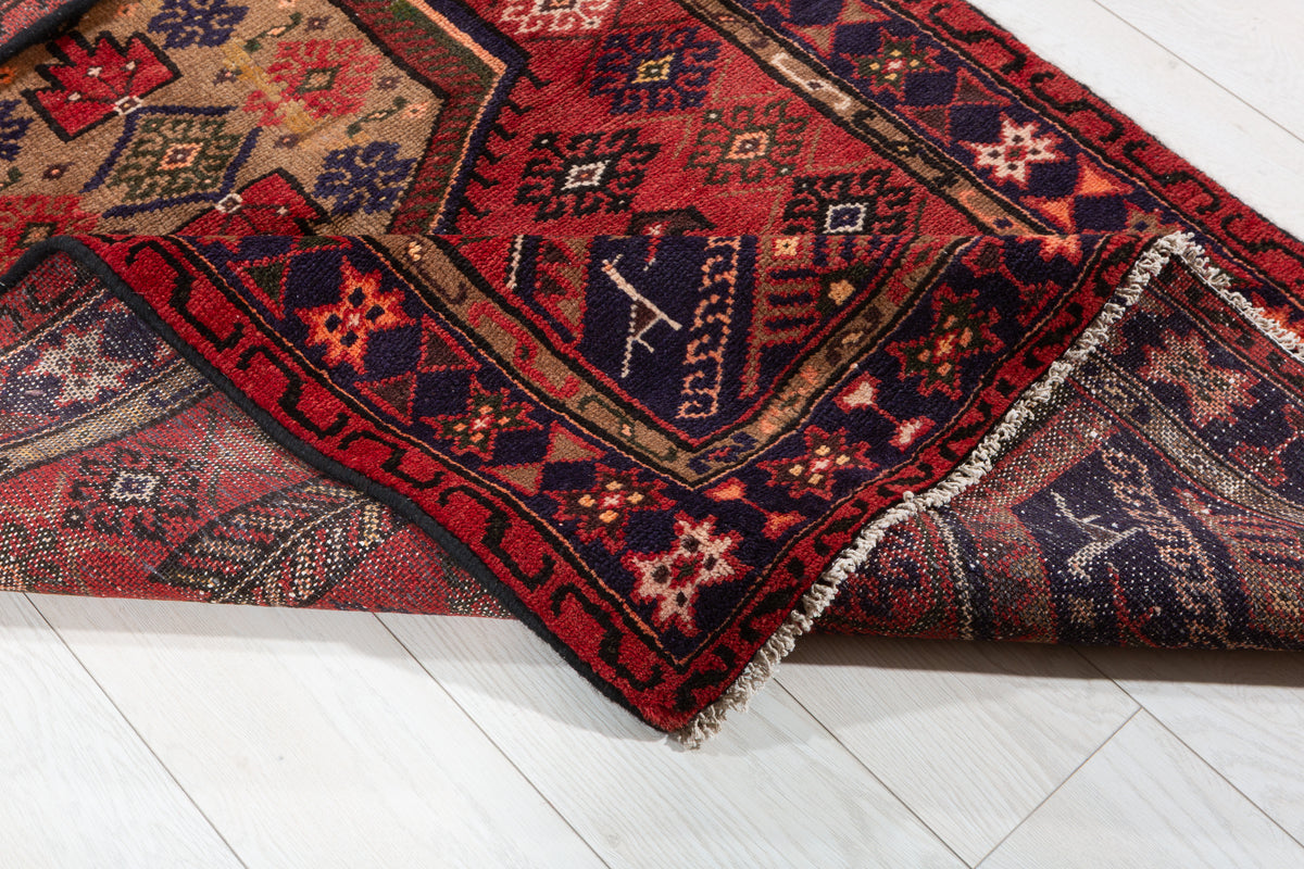 Vintage Red, Brown, Navy Blue Hexagonal Medallion Hand-Knotted Area Rug – 6' 3" x 3' 5" (191 x 103 cm)