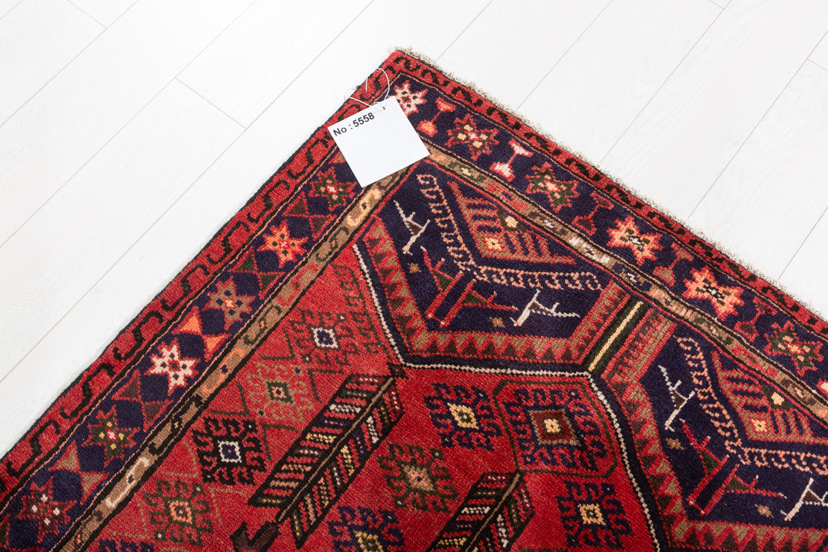 Vintage Red, Brown, Navy Blue Hexagonal Medallion Hand-Knotted Area Rug – 6' 3" x 3' 5" (191 x 103 cm)