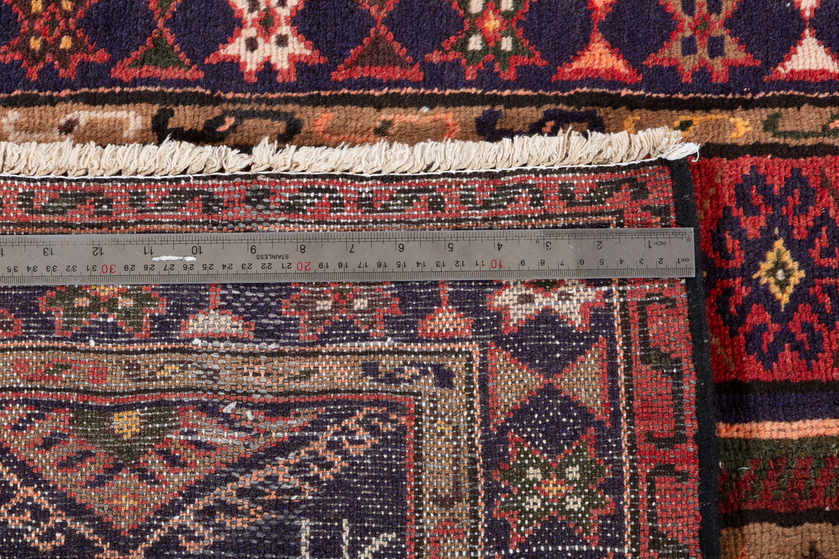 Vintage Red, Brown, Navy Blue Hexagonal Medallion Hand-Knotted Area Rug – 6' 3" x 3' 5" (191 x 103 cm)