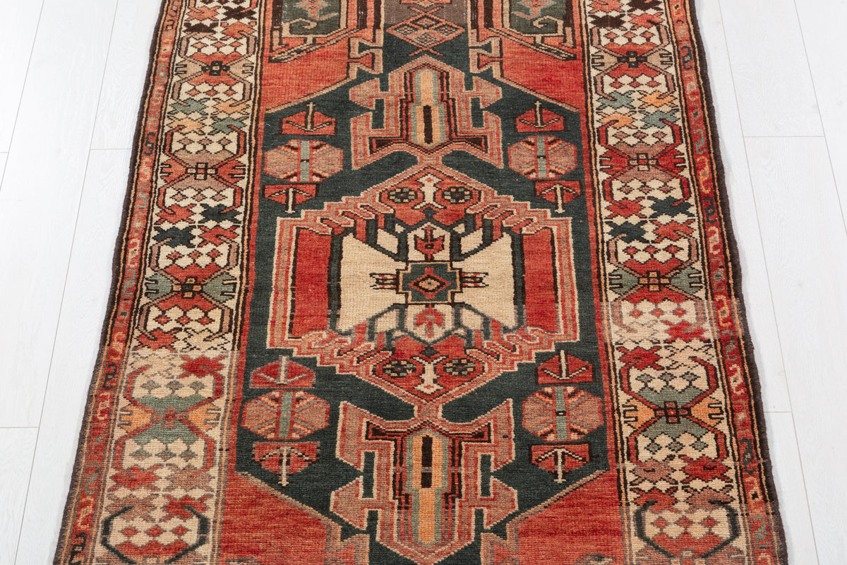 Rare Semi-Antique Faded Charcoal Black and Red Pictorial Geometric Hand-Knotted Area Rug – 6' 10" x 3' 5" (208 x 104 cm)