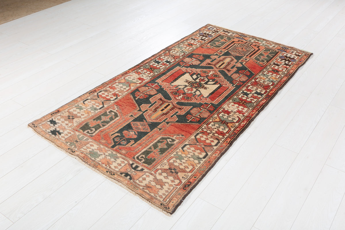 Rare Semi-Antique Faded Charcoal Black and Red Pictorial Geometric Hand-Knotted Area Rug – 6' 10" x 3' 5" (208 x 104 cm)