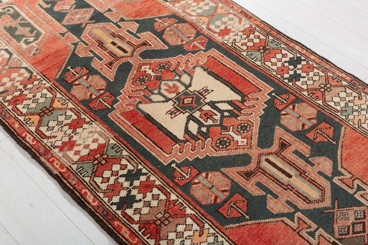 Rare Semi-Antique Faded Charcoal Black and Red Pictorial Geometric Hand-Knotted Area Rug – 6' 10" x 3' 5" (208 x 104 cm)