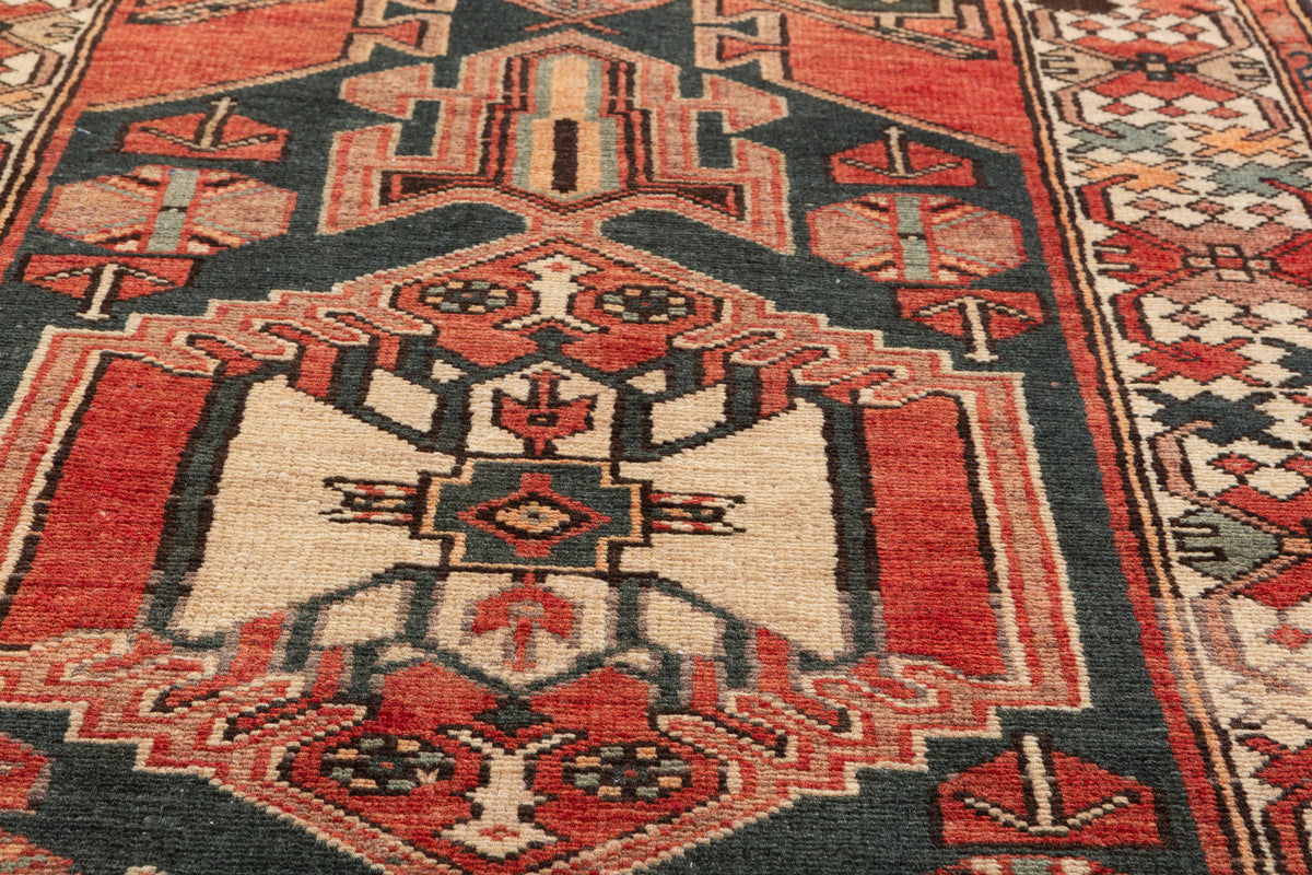 Rare Semi-Antique Faded Charcoal Black and Red Pictorial Geometric Hand-Knotted Area Rug – 6' 10" x 3' 5" (208 x 104 cm)