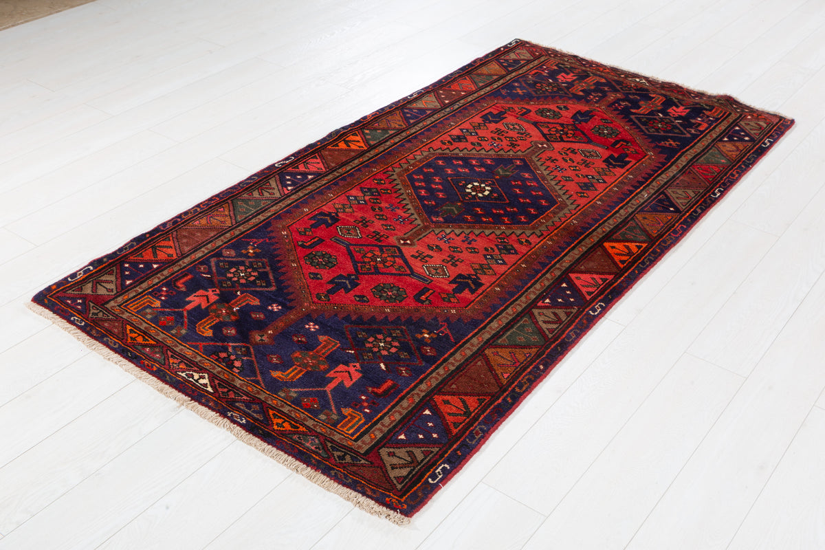 Vintage Coral Red, Navy Blue Medallion Geometric Area Rug – 6' 11" x 3' 7" (212 x 109 cm)