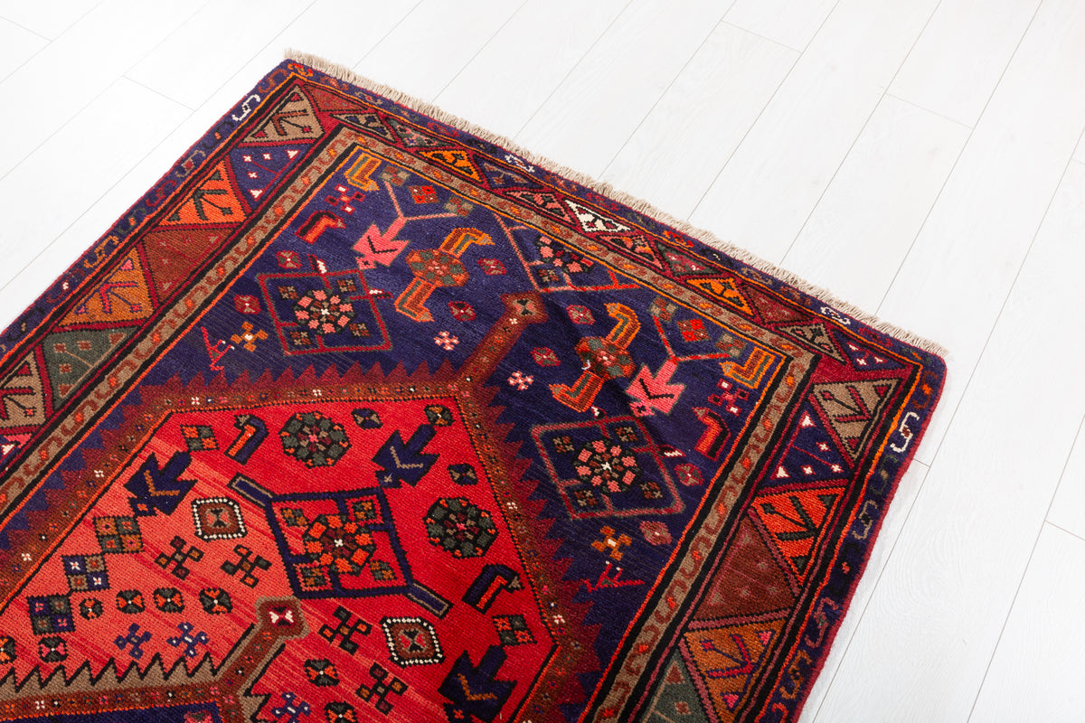 Vintage Coral Red, Navy Blue Medallion Geometric Area Rug – 6' 11" x 3' 7" (212 x 109 cm)