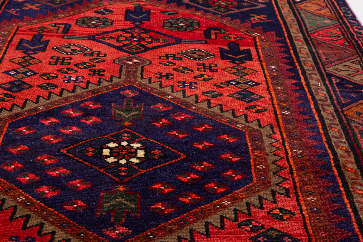 Vintage Coral Red, Navy Blue Medallion Geometric Area Rug – 6' 11" x 3' 7" (212 x 109 cm)