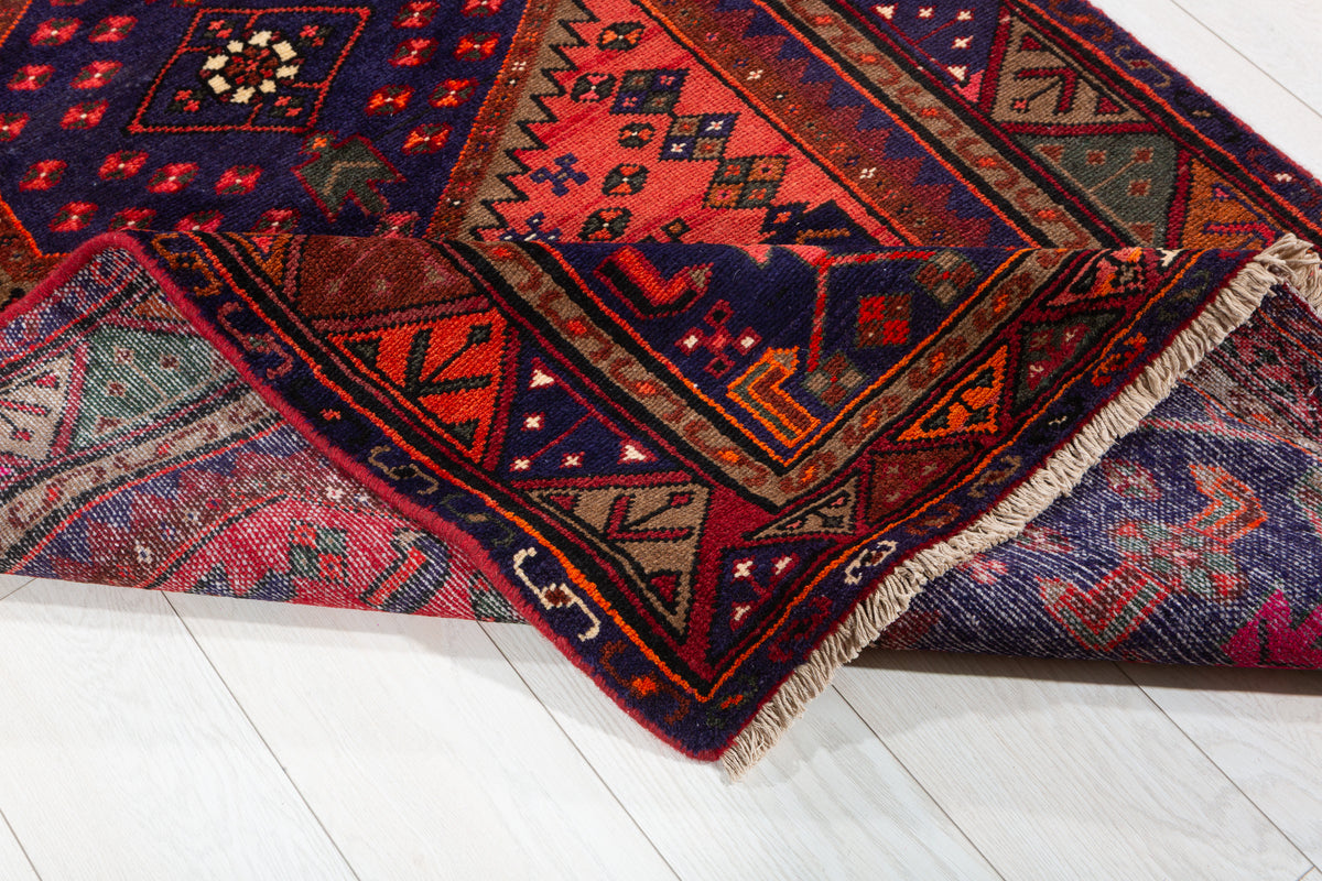 Vintage Coral Red, Navy Blue Medallion Geometric Area Rug – 6' 11" x 3' 7" (212 x 109 cm)