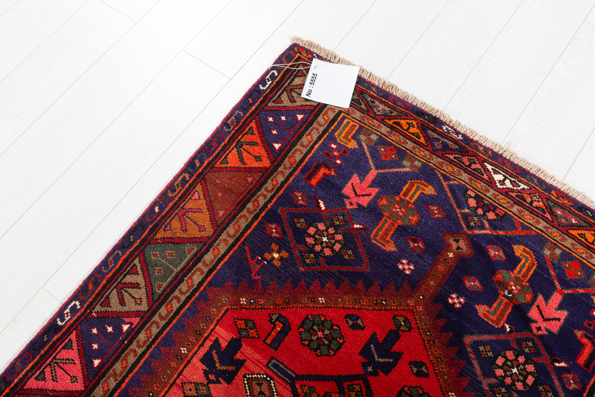 Vintage Coral Red, Navy Blue Medallion Geometric Area Rug – 6' 11" x 3' 7" (212 x 109 cm)