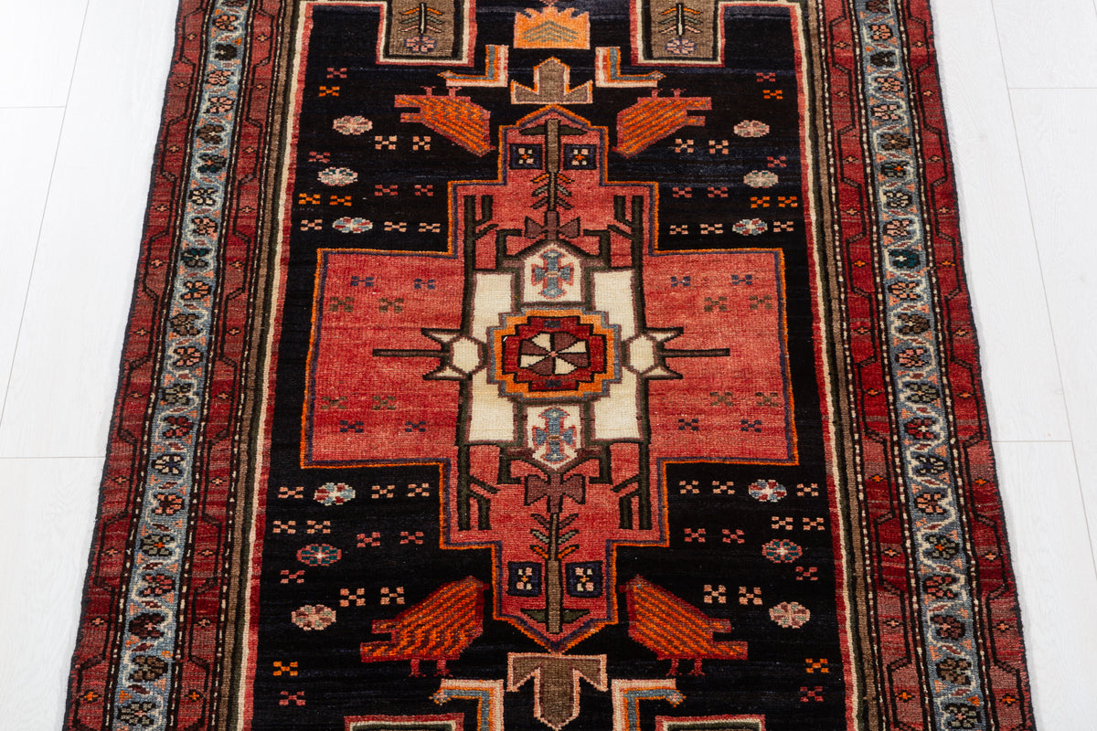 Rare Vintage Deep Navy Blue, Red, Light Blue, Brown Pictorial Tribal Hand-Knotted Area Rug – 6' 9" x 3' 6" (207 x 107 cm)