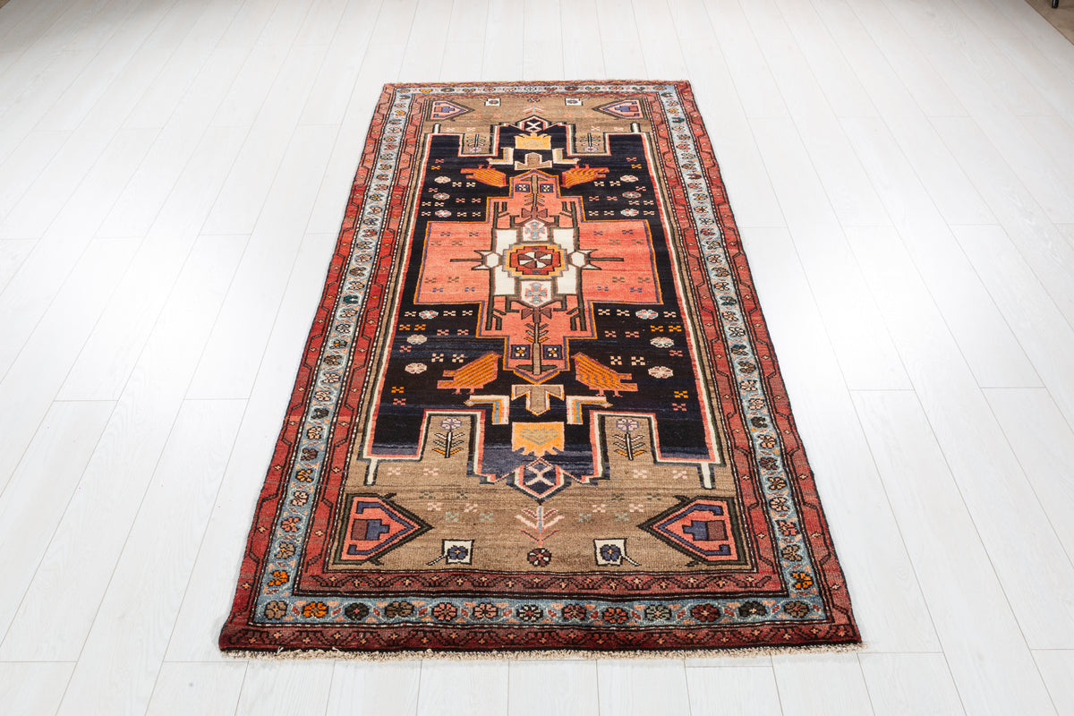 Rare Vintage Deep Navy Blue, Red, Light Blue, Brown Pictorial Tribal Hand-Knotted Area Rug – 6' 9" x 3' 6" (207 x 107 cm)