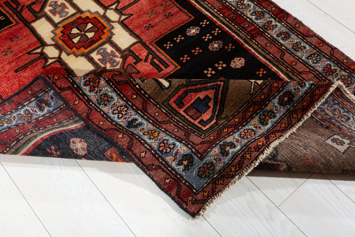 Rare Vintage Deep Navy Blue, Red, Light Blue, Brown Pictorial Tribal Hand-Knotted Area Rug – 6' 9" x 3' 6" (207 x 107 cm)