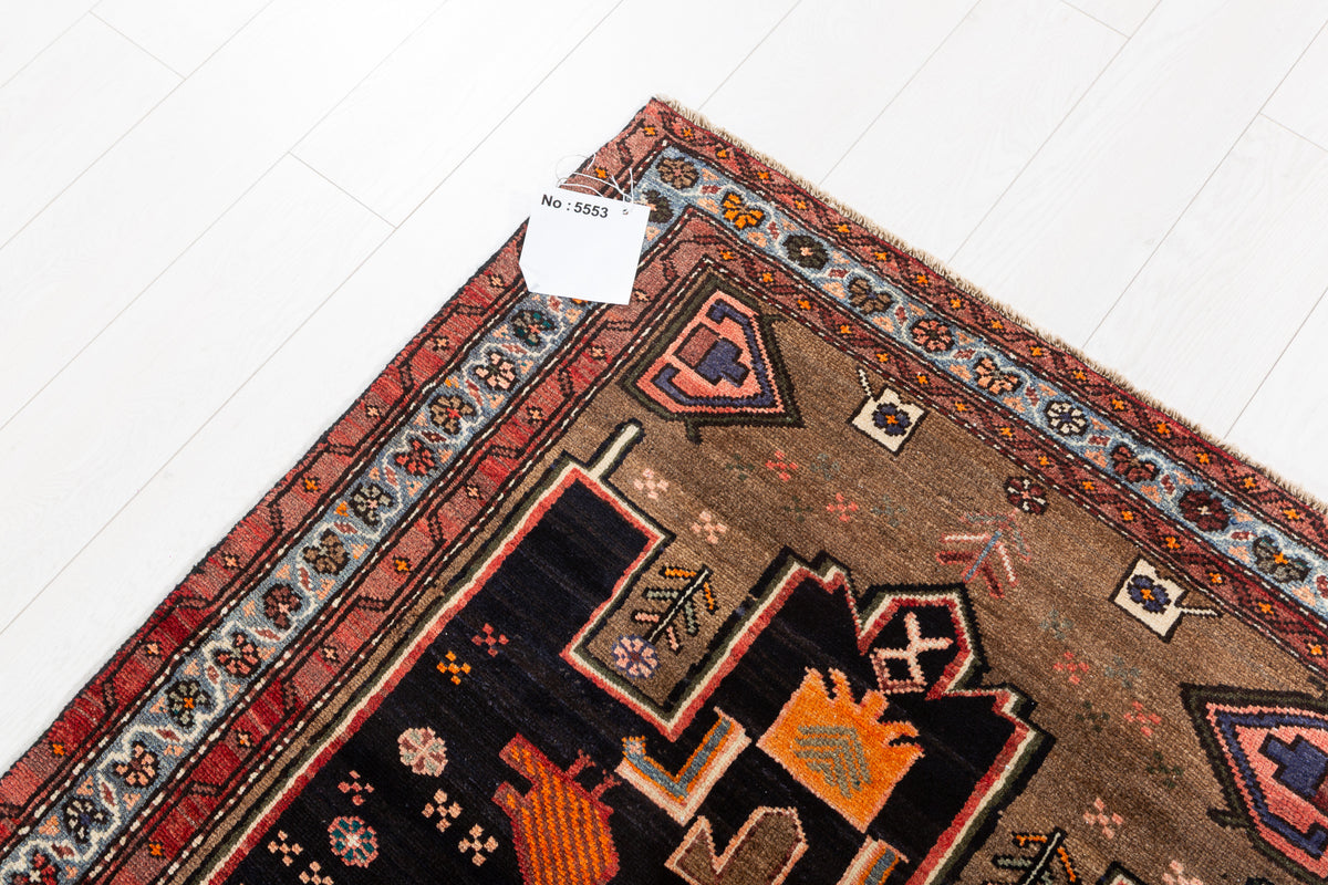 Rare Vintage Deep Navy Blue, Red, Light Blue, Brown Pictorial Tribal Hand-Knotted Area Rug – 6' 9" x 3' 6" (207 x 107 cm)