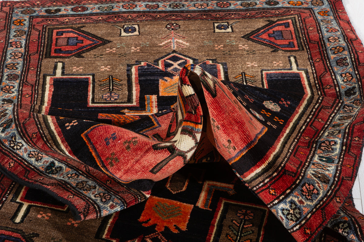 Rare Vintage Deep Navy Blue, Red, Light Blue, Brown Pictorial Tribal Hand-Knotted Area Rug – 6' 9" x 3' 6" (207 x 107 cm)