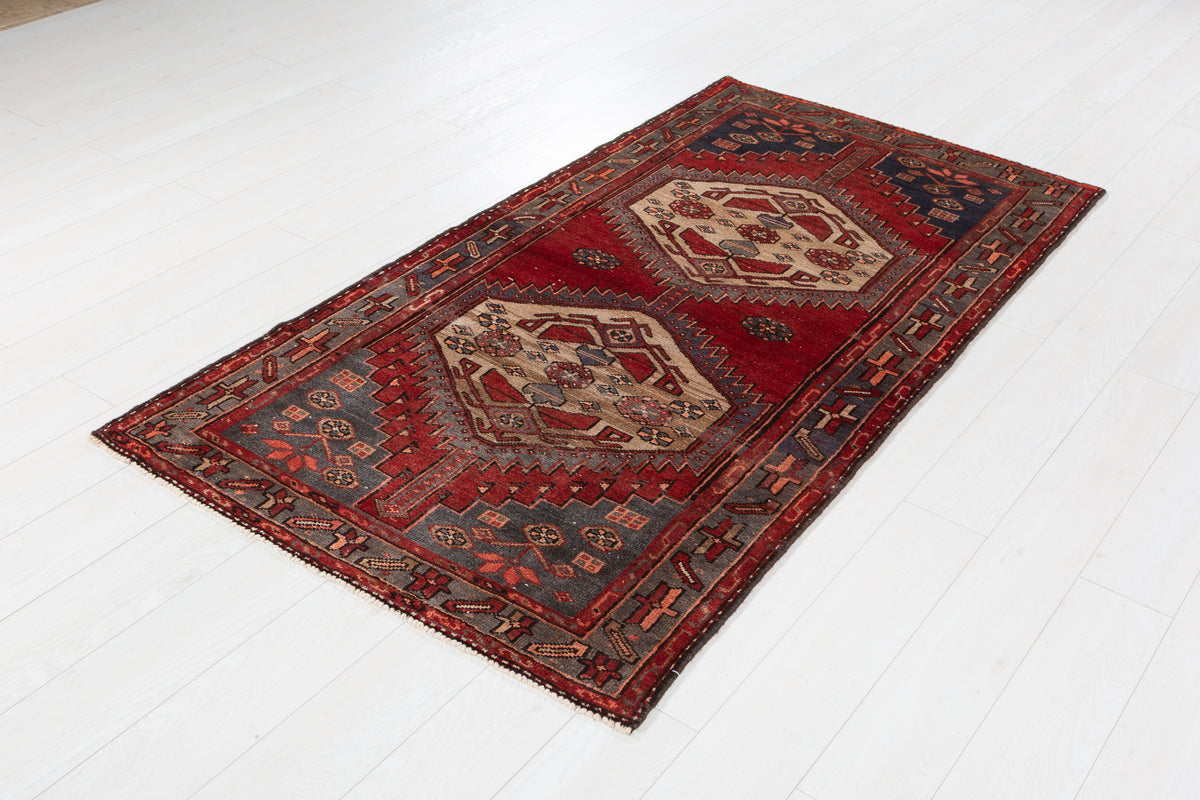 Vintage Red, Camel Brown Medallion Geometric Hand-Knotted Area Rug – 6' 6" x 3' 5" (198 x 104 cm)