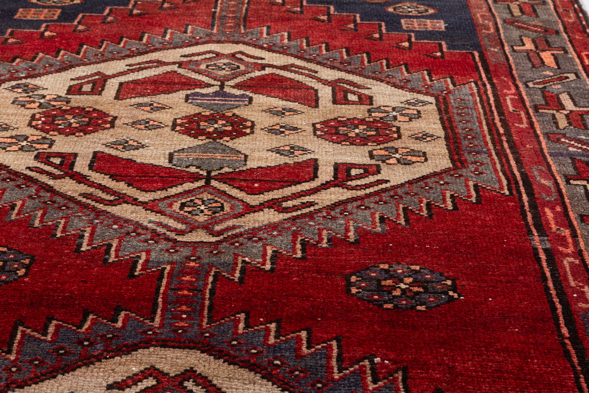 Vintage Red, Camel Brown Medallion Geometric Hand-Knotted Area Rug – 6' 6" x 3' 5" (198 x 104 cm)