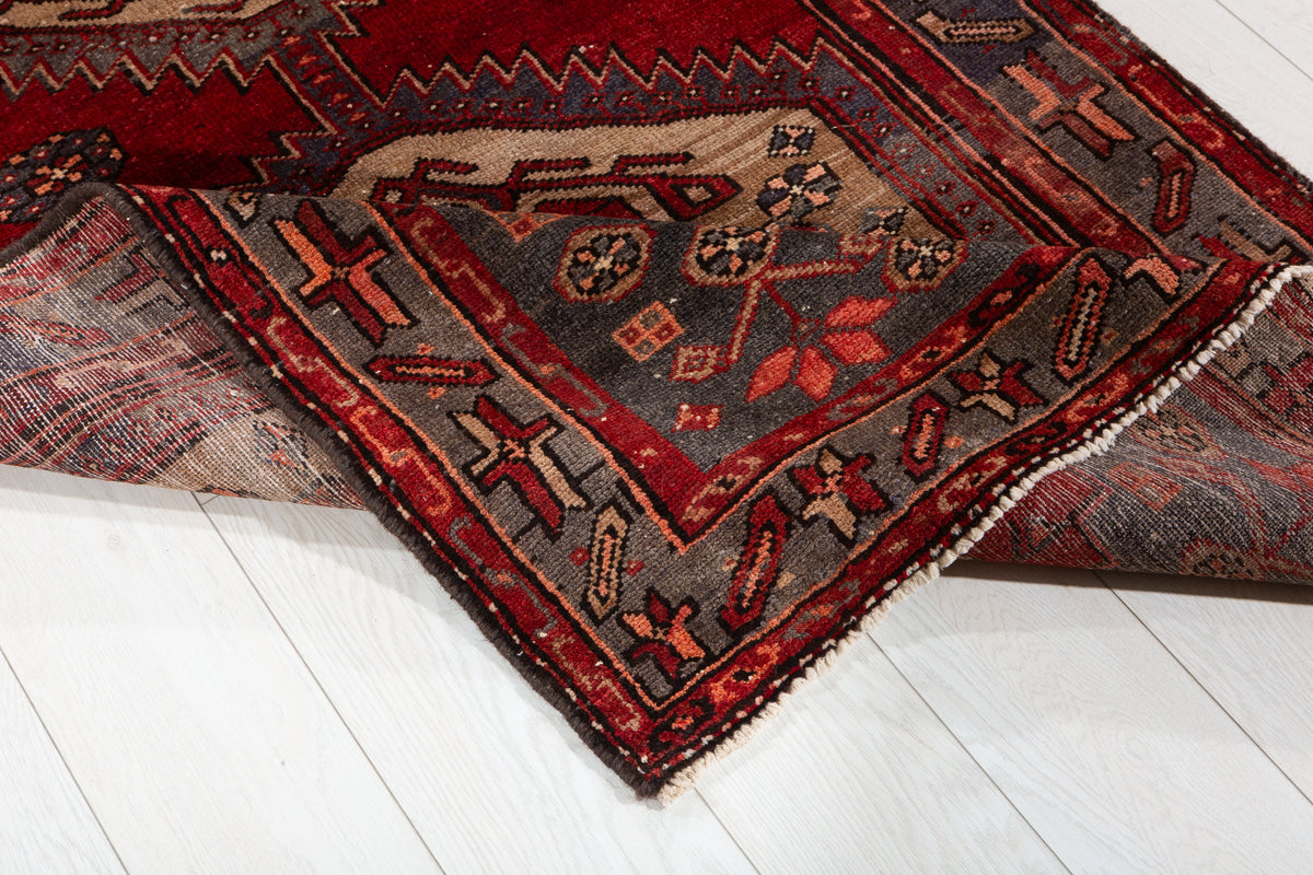 Vintage Red, Camel Brown Medallion Geometric Hand-Knotted Area Rug – 6' 6" x 3' 5" (198 x 104 cm)