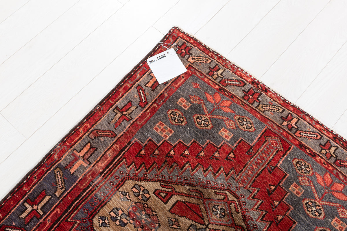 Vintage Red, Camel Brown Medallion Geometric Hand-Knotted Area Rug – 6' 6" x 3' 5" (198 x 104 cm)