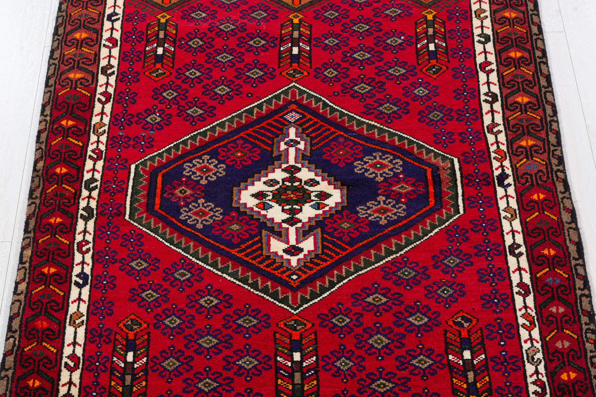 Vintage Red, Navy Blue, Orange Medallion Geometric Hand-Knotted Area Rug – 6' 0" x 4' 0" (184 x 122 cm)