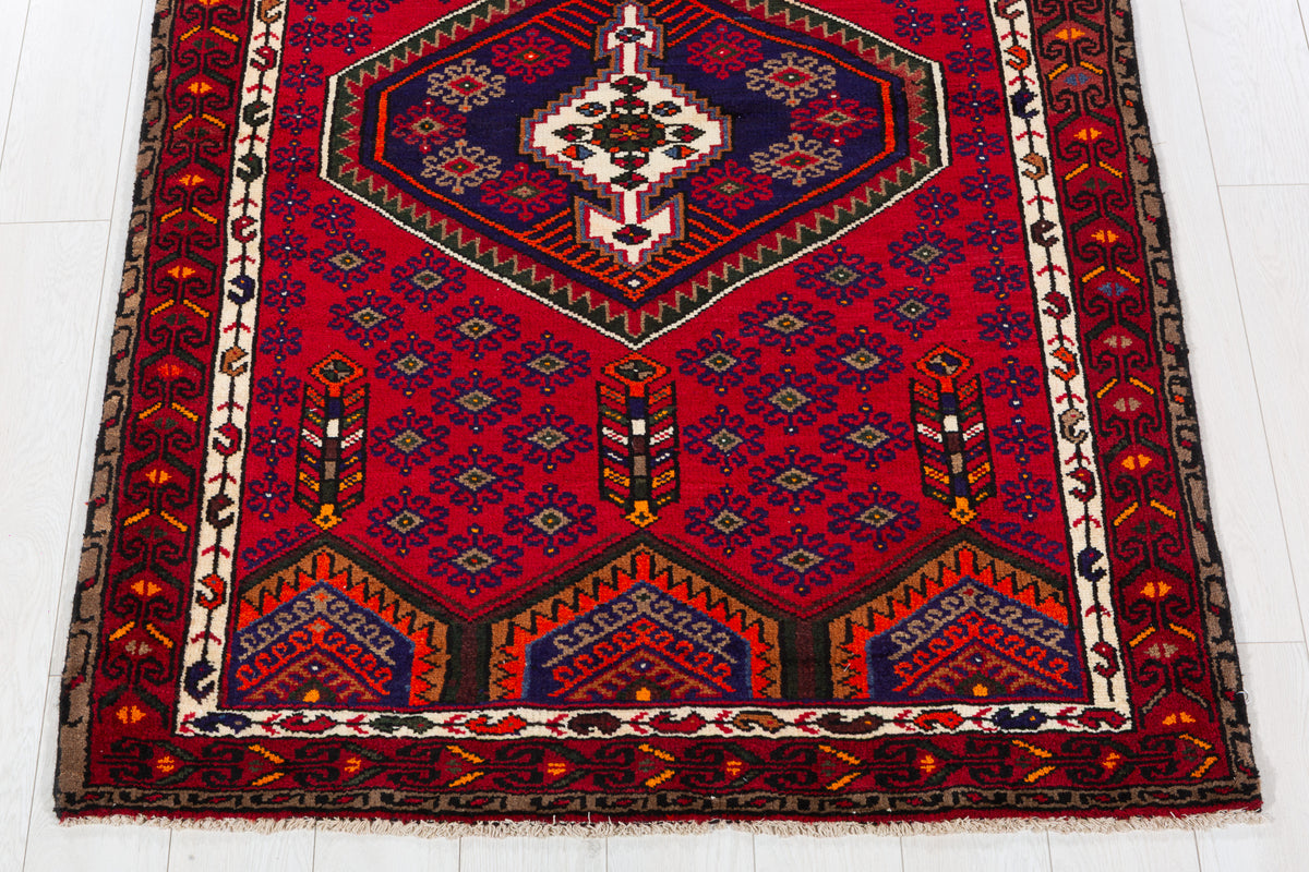 Vintage Red, Navy Blue, Orange Medallion Geometric Hand-Knotted Area Rug – 6' 0" x 4' 0" (184 x 122 cm)