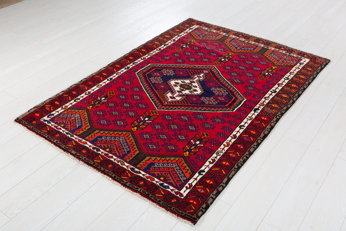 Vintage Red, Navy Blue, Orange Medallion Geometric Hand-Knotted Area Rug – 6' 0" x 4' 0" (184 x 122 cm)