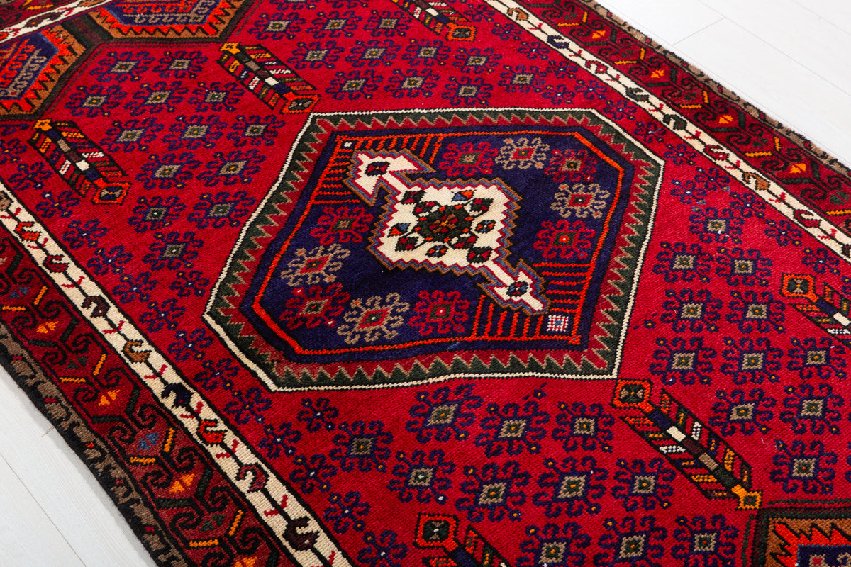 Vintage Red, Navy Blue, Orange Medallion Geometric Hand-Knotted Area Rug – 6' 0" x 4' 0" (184 x 122 cm)