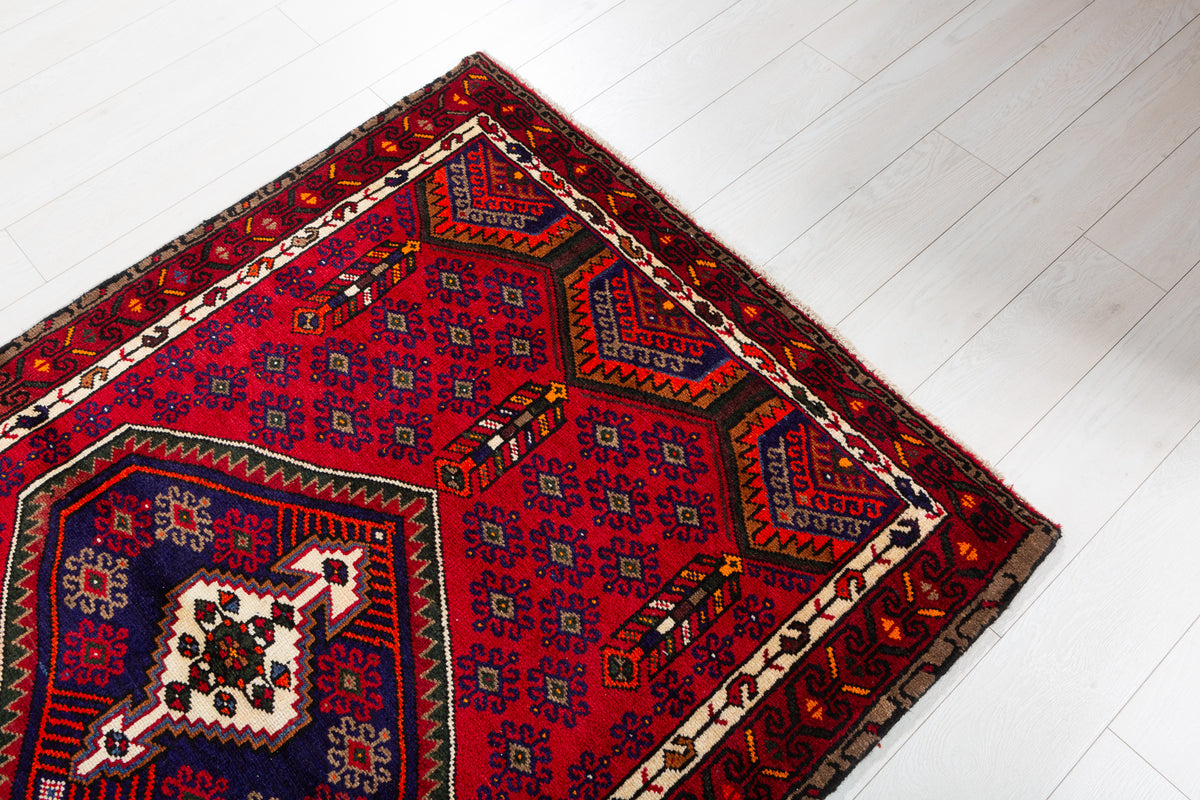 Vintage Red, Navy Blue, Orange Medallion Geometric Hand-Knotted Area Rug – 6' 0" x 4' 0" (184 x 122 cm)