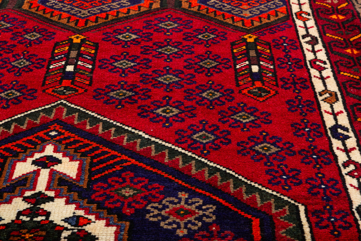 Vintage Red, Navy Blue, Orange Medallion Geometric Hand-Knotted Area Rug – 6' 0" x 4' 0" (184 x 122 cm)