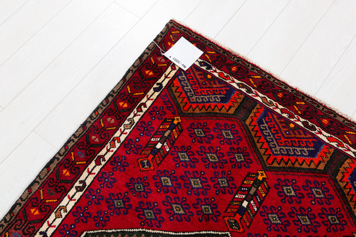 Vintage Red, Navy Blue, Orange Medallion Geometric Hand-Knotted Area Rug – 6' 0" x 4' 0" (184 x 122 cm)