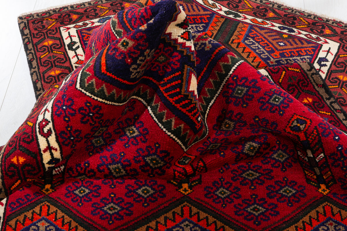 Vintage Red, Navy Blue, Orange Medallion Geometric Hand-Knotted Area Rug – 6' 0" x 4' 0" (184 x 122 cm)