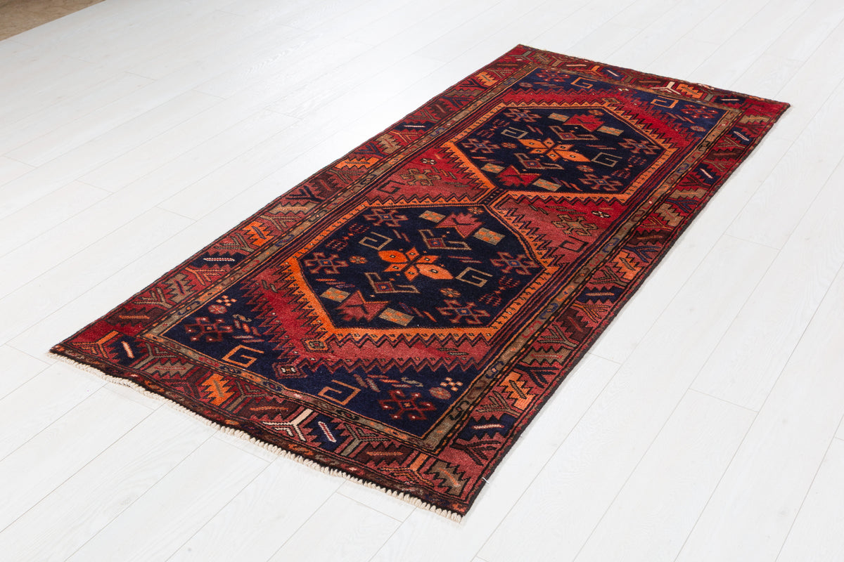 Vintage Rust Red, Deep Navy Blue, Orange Triple Diamond Medallion Hand-Knotted Area Rug – 6' 8" x 3' 2" (202 x 97 cm)
