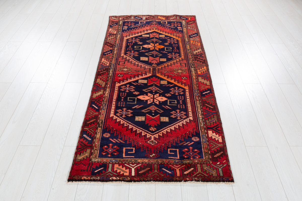 Vintage Rust Red, Deep Navy Blue, Orange Triple Diamond Medallion Hand-Knotted Area Rug – 6' 8" x 3' 2" (202 x 97 cm)