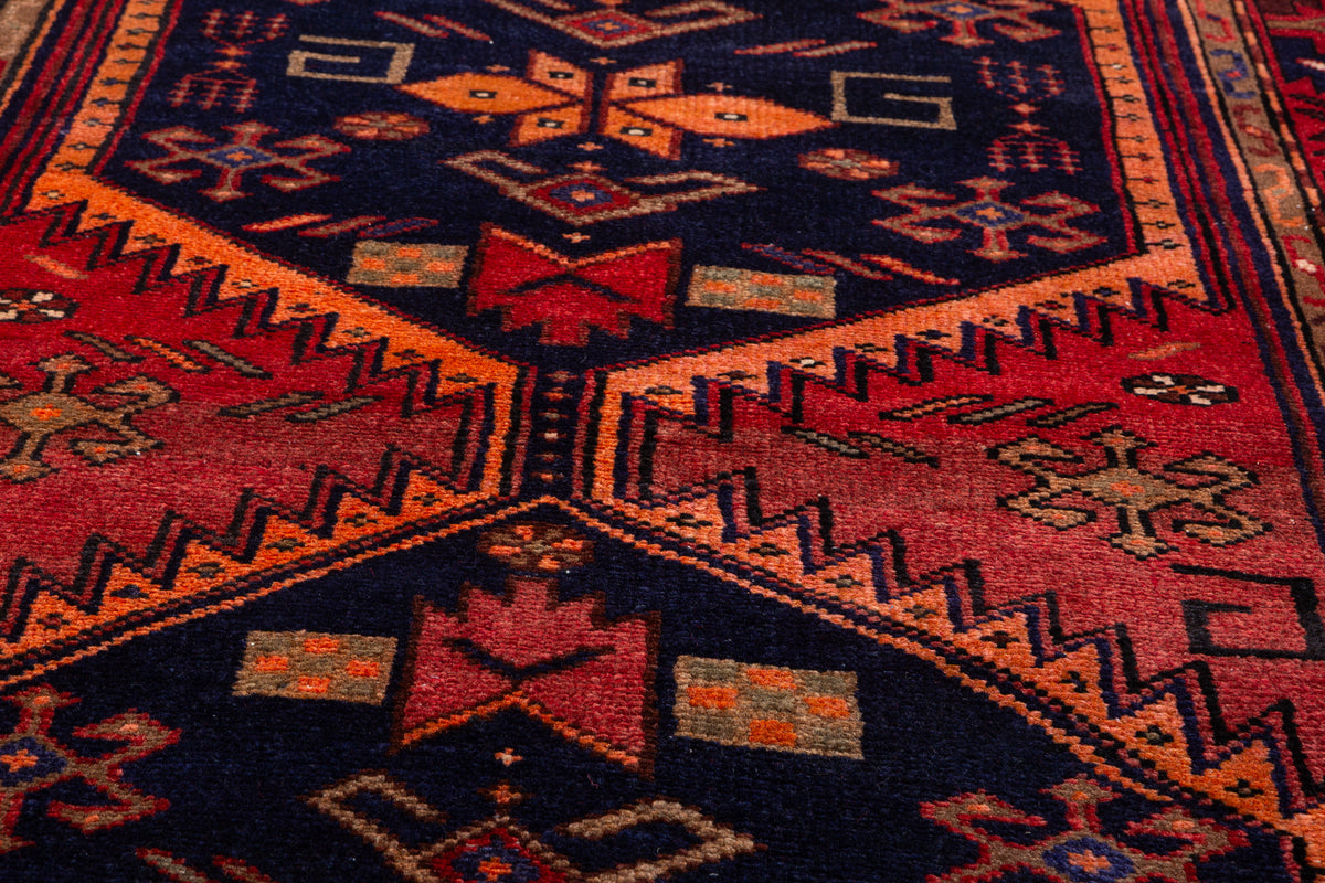 Vintage Rust Red, Deep Navy Blue, Orange Triple Diamond Medallion Hand-Knotted Area Rug – 6' 8" x 3' 2" (202 x 97 cm)