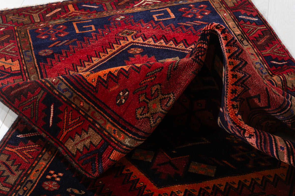 Vintage Rust Red, Deep Navy Blue, Orange Triple Diamond Medallion Hand-Knotted Area Rug – 6' 8" x 3' 2" (202 x 97 cm)