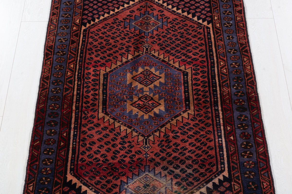 Vintage Rust Red, Blue Medallion Lattice Hand-Knotted Area Rug – 6' 7" x 3' 4" (200 x 102 cm)