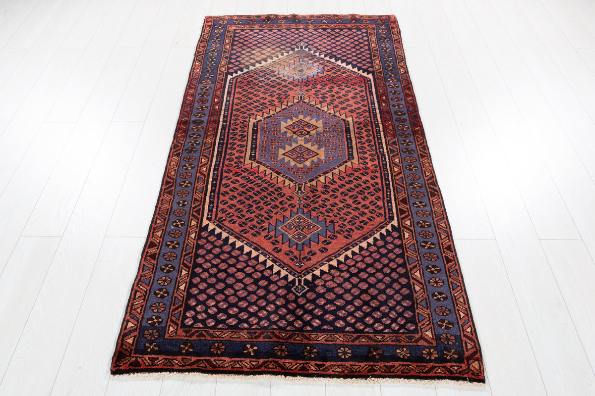 Vintage Rust Red, Blue Medallion Lattice Hand-Knotted Area Rug – 6' 7" x 3' 4" (200 x 102 cm)