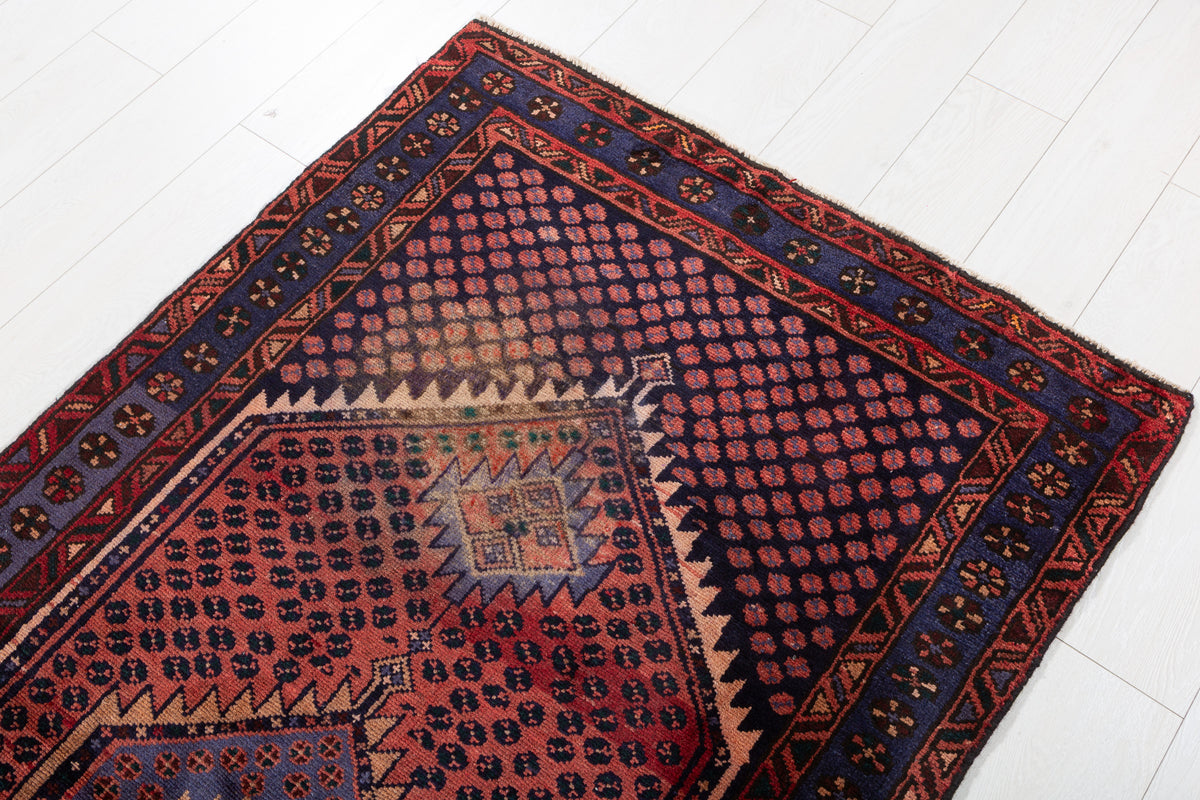 Vintage Rust Red, Blue Medallion Lattice Hand-Knotted Area Rug – 6' 7" x 3' 4" (200 x 102 cm)