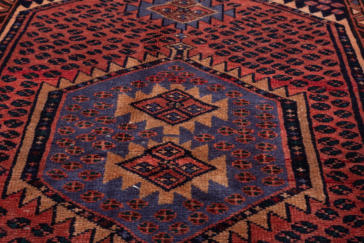 Vintage Rust Red, Blue Medallion Lattice Hand-Knotted Area Rug – 6' 7" x 3' 4" (200 x 102 cm)