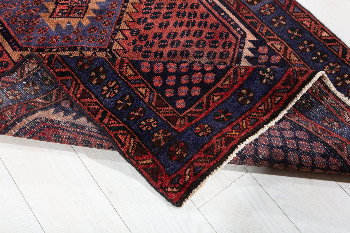 Vintage Rust Red, Blue Medallion Lattice Hand-Knotted Area Rug – 6' 7" x 3' 4" (200 x 102 cm)